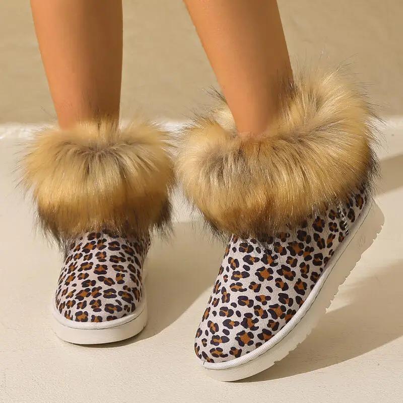 Fashion Leopard Furry Non Slip Snow Boots Women 2025 Winter Warm Short Plush Ankle Boots Luxury Faux Fur Decoration Booties