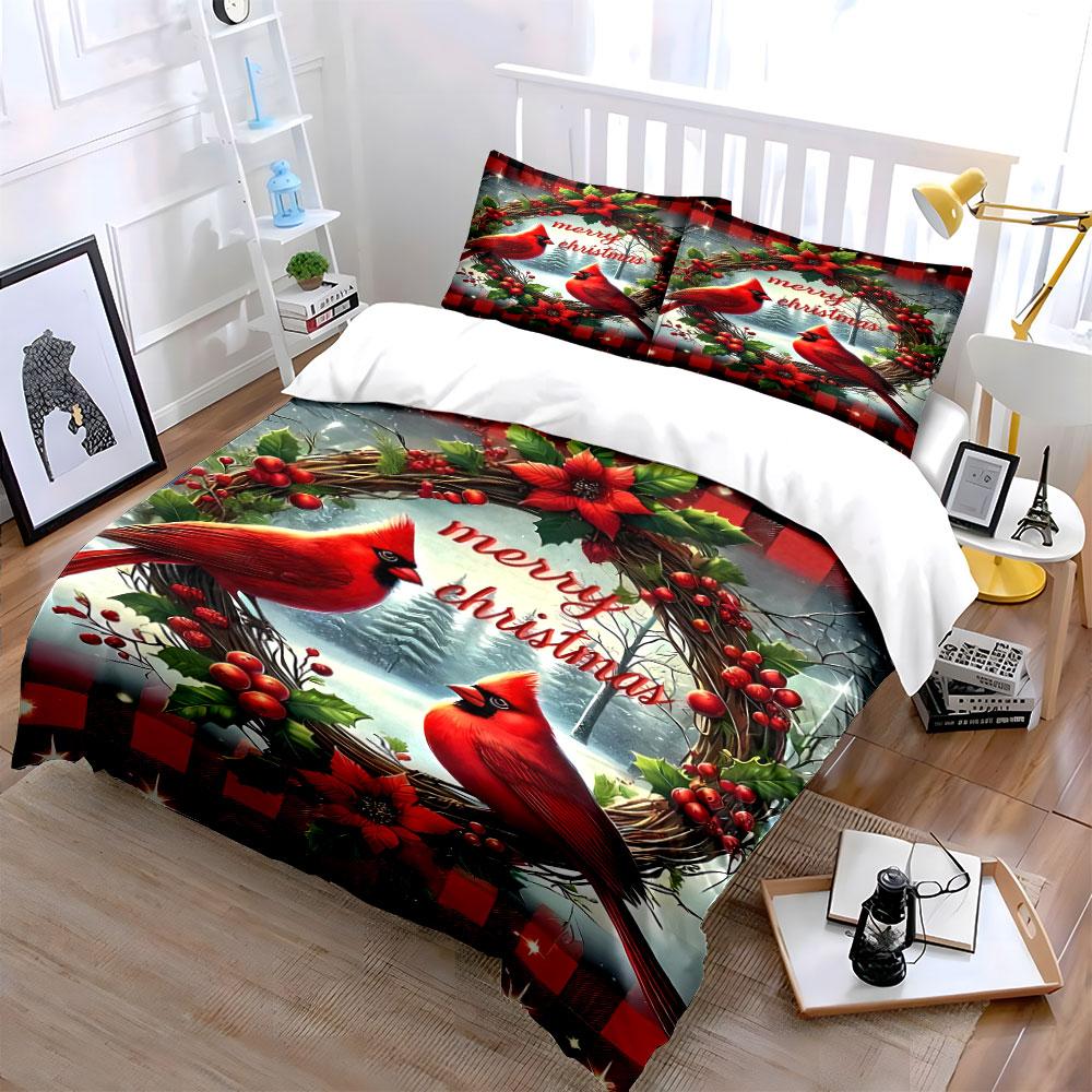 Cardinals, Wreath, Poinsettias, Berries. Bedding Sets Duvet Cover Sets Duvet Covers Pillowcases(1 * Duvet Cover 2 * Pillowcases Without Duvet Insert)