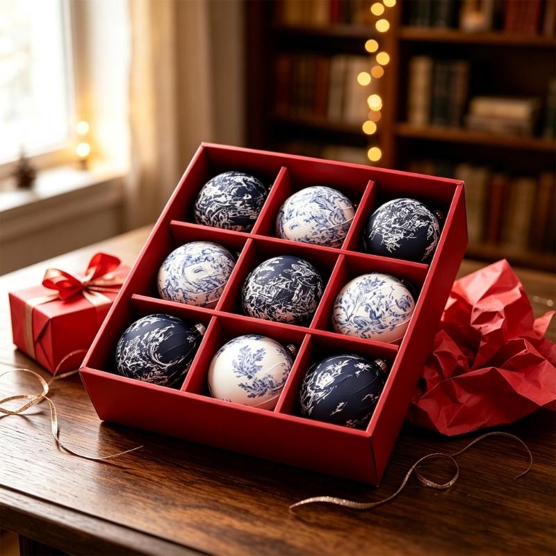 Holiday Tree Trim Set with 9 Fabric Covered Baubles, Patterned Hanging Accents for Wreath, Shelf and Window Styling