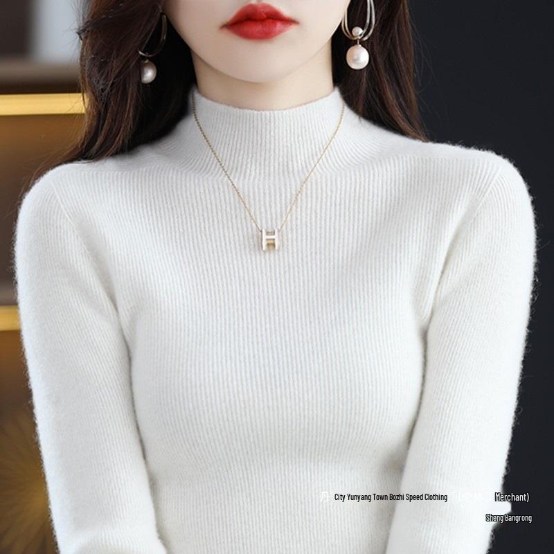 Första Linjens Damstickad Tröja med Halvhög Hals i Ullblandning – Höst/Vinter Smalstickad Basplagg