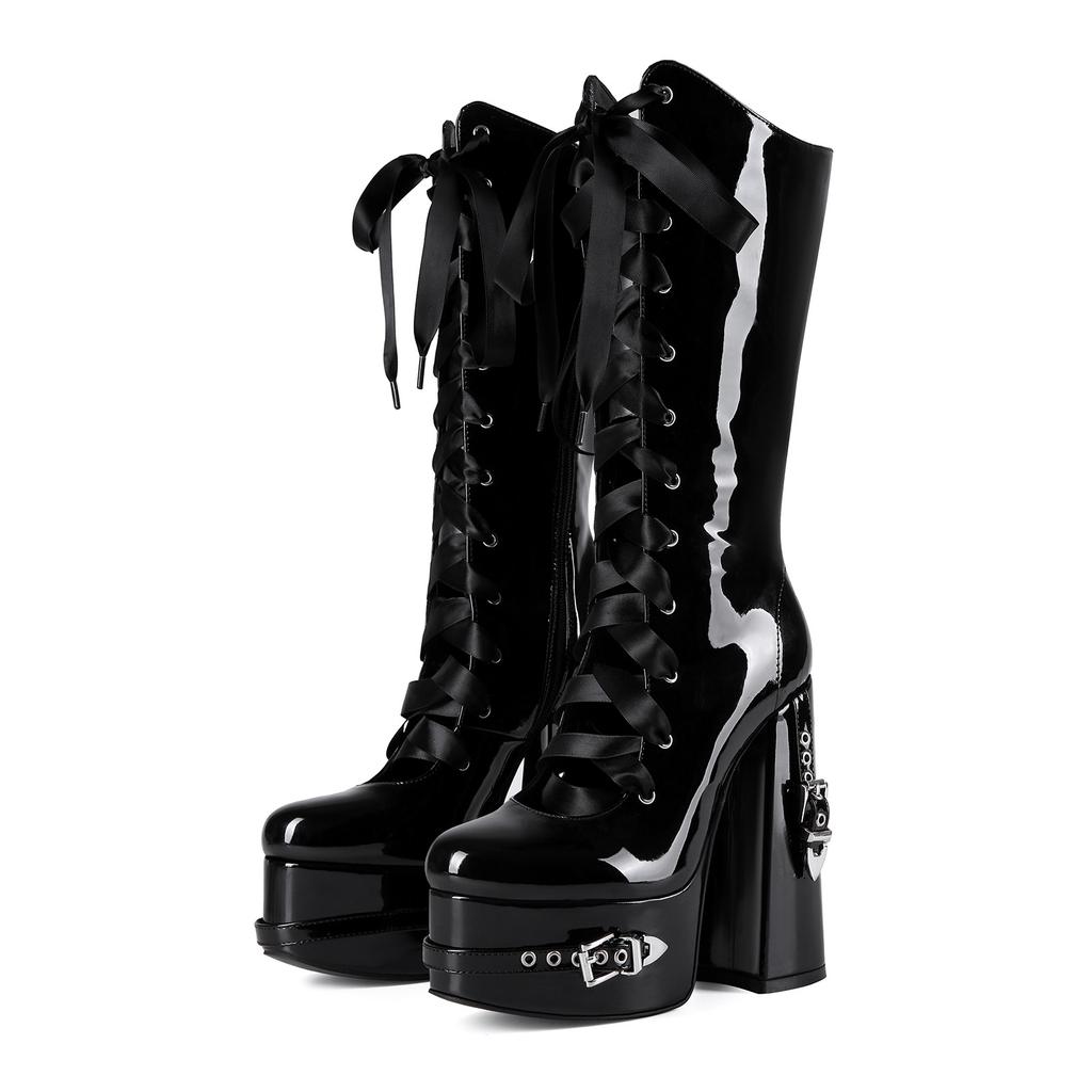 15cm Platform Hollow Boots Square High Heel Patent Leather Cross Tied Ribbon Side Zipper Long Shoes Dark Punk Black Lolita Shoes