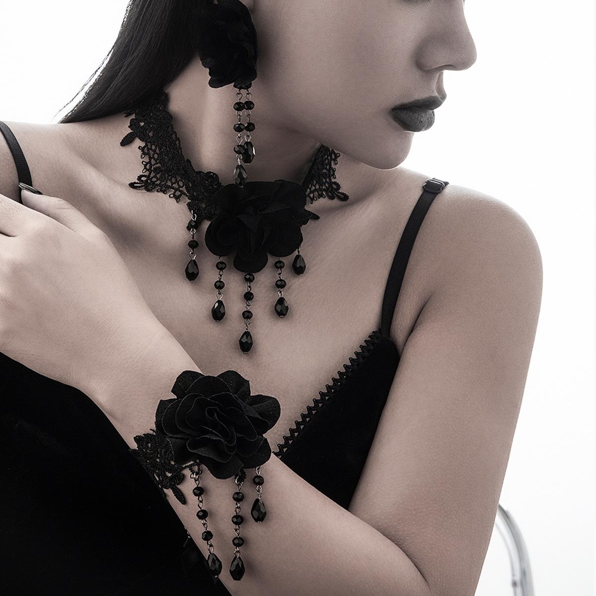 

Black lace tassel pendant necklace, rose flower gothic choker dark collar