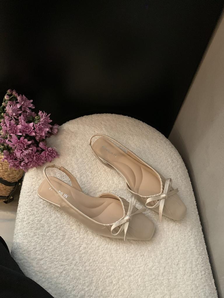 French Beauty Bow Pointed Head Sandals 2025 New Satin Back Strap Thick Heel Single Shoes