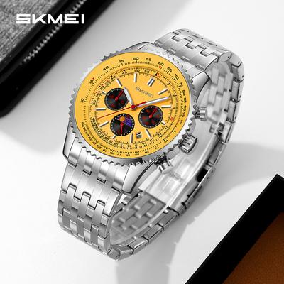 Fashion Yellow Dial Quartz Watch Steel Band Three Dial And Six Pin Timer Wristwatch Waterproof Business Mens Watches Males Gifts