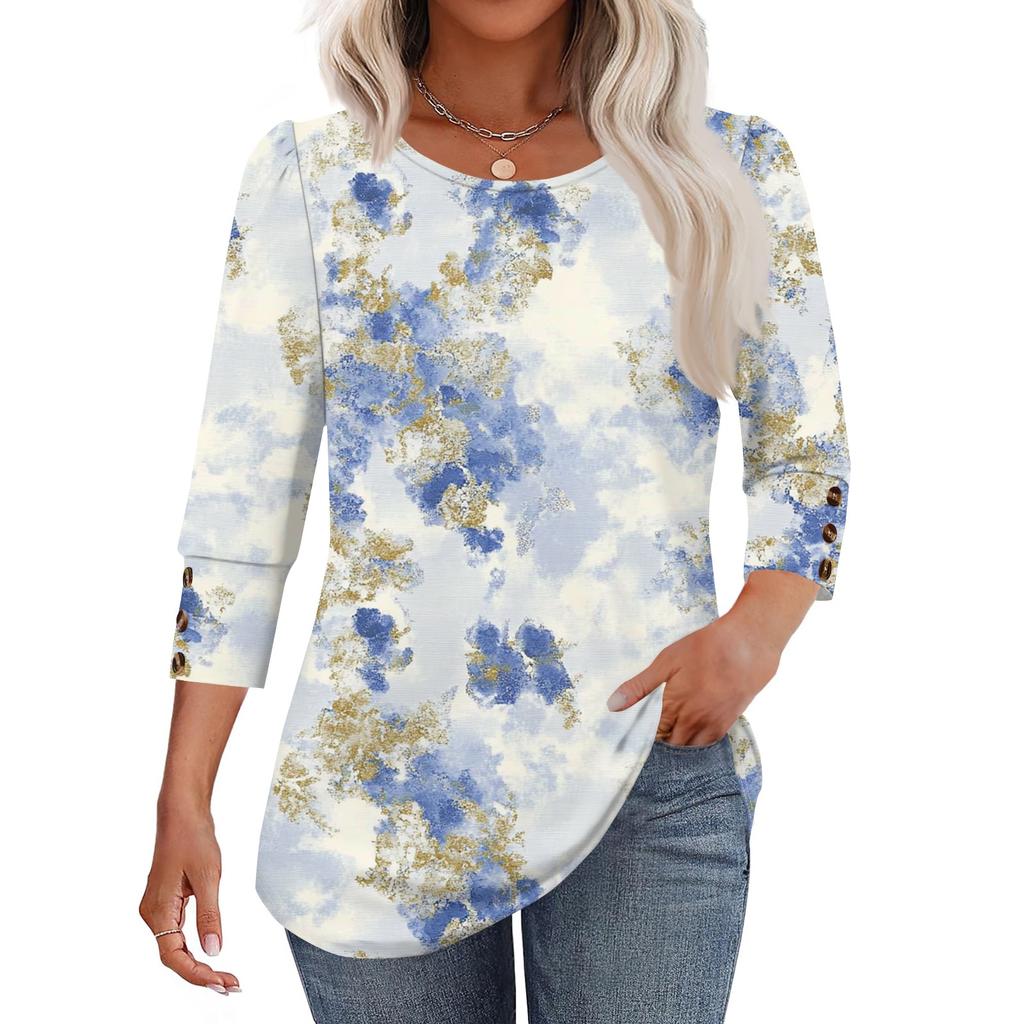 Womens Tops 3/4 Sleeve With Buttons Casual Blouses Summer Outfits Beach Vacation Clothes