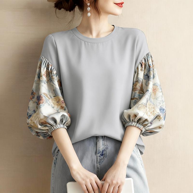 ZANZEA Women Print Splice 3/4 Sleeve Loose Casual O-neck Blouse