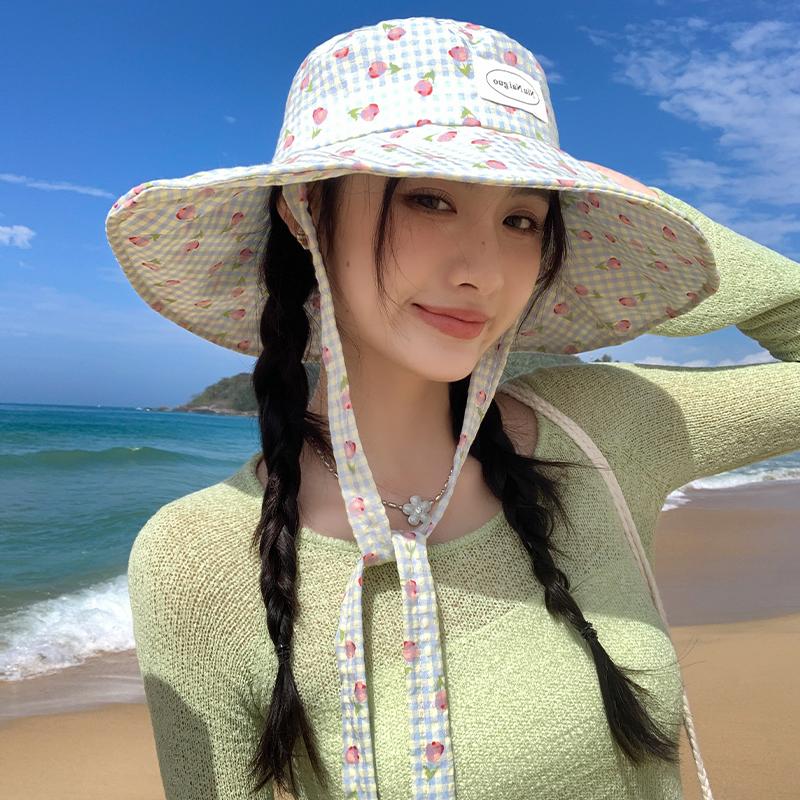 Kleiner frischer Karoprint Fischerhut für Damen Sommer mit breiter Krempe Sonnenschutz Sonnenhut Reise Foto Show Waschbeckenhut