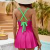 Sexy Solid Color Slit Skirt V Neck Cross Strap Tummy Control Bikini Swimsuit For Vacation