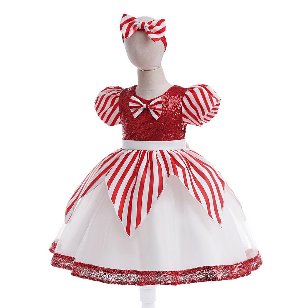 Kids Girls Santa Claus Xmas Elf Bow Sequins Princess Dress Children Christmas New Year Cosplay Costumes Kindergarten Performance Role Play Outfit