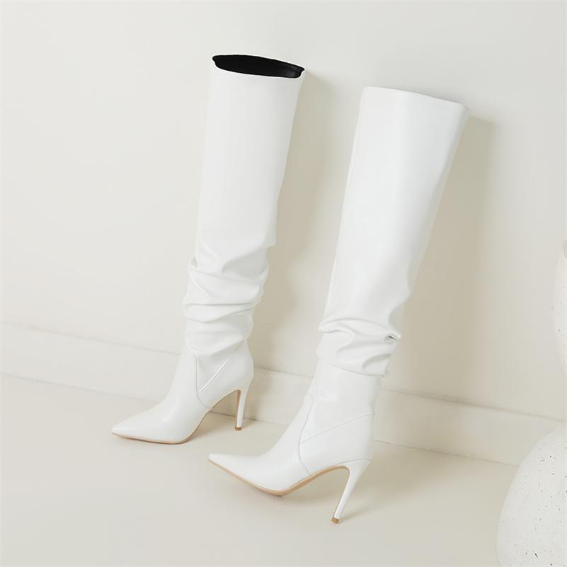 

ANNYMOLI Женские сапоги до бедра с острым носком на тонком высоком каблуке, плиссированные лаконичные длинные сапоги, женская модная обувь осень-зима, черный цвет 43 33 белый