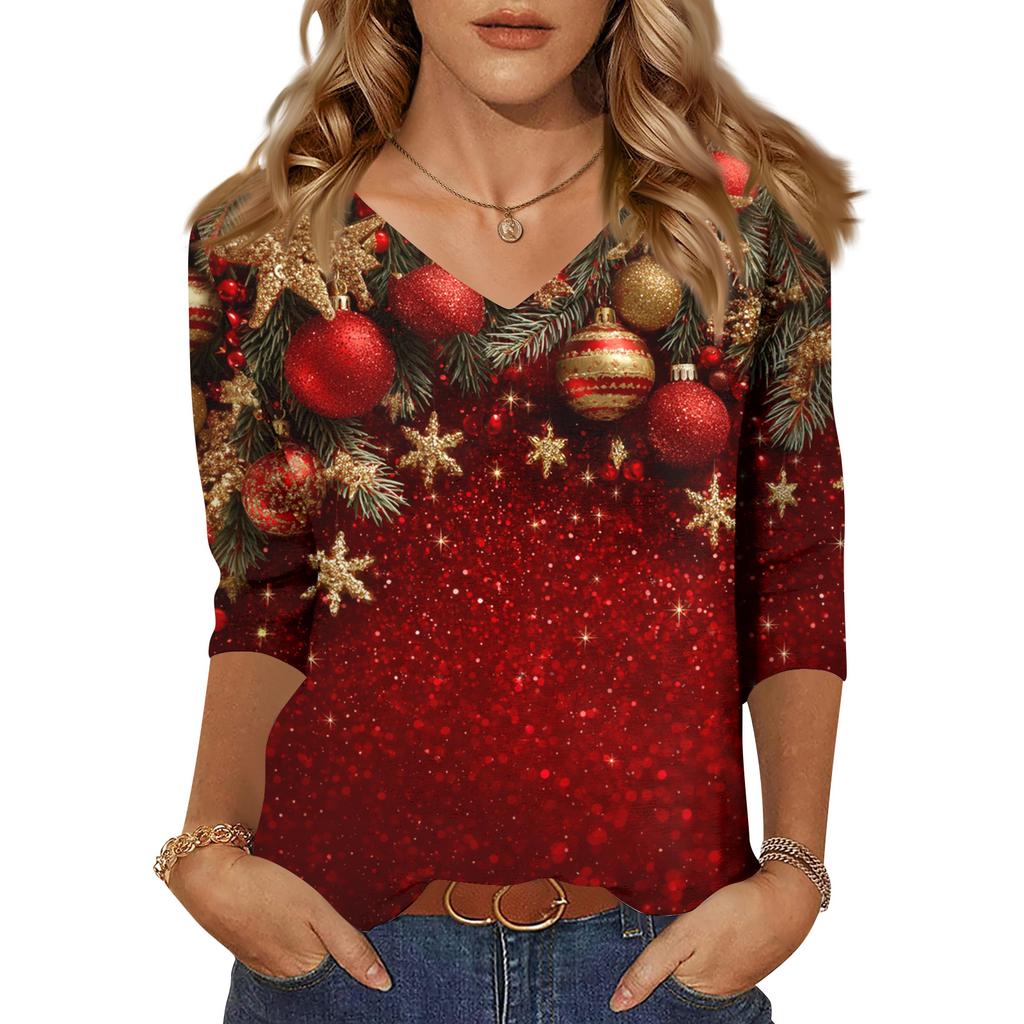 Women's Tops Three-quarter Sleeve Shirt V-neck Loose Casual Shirt Print T-shirt