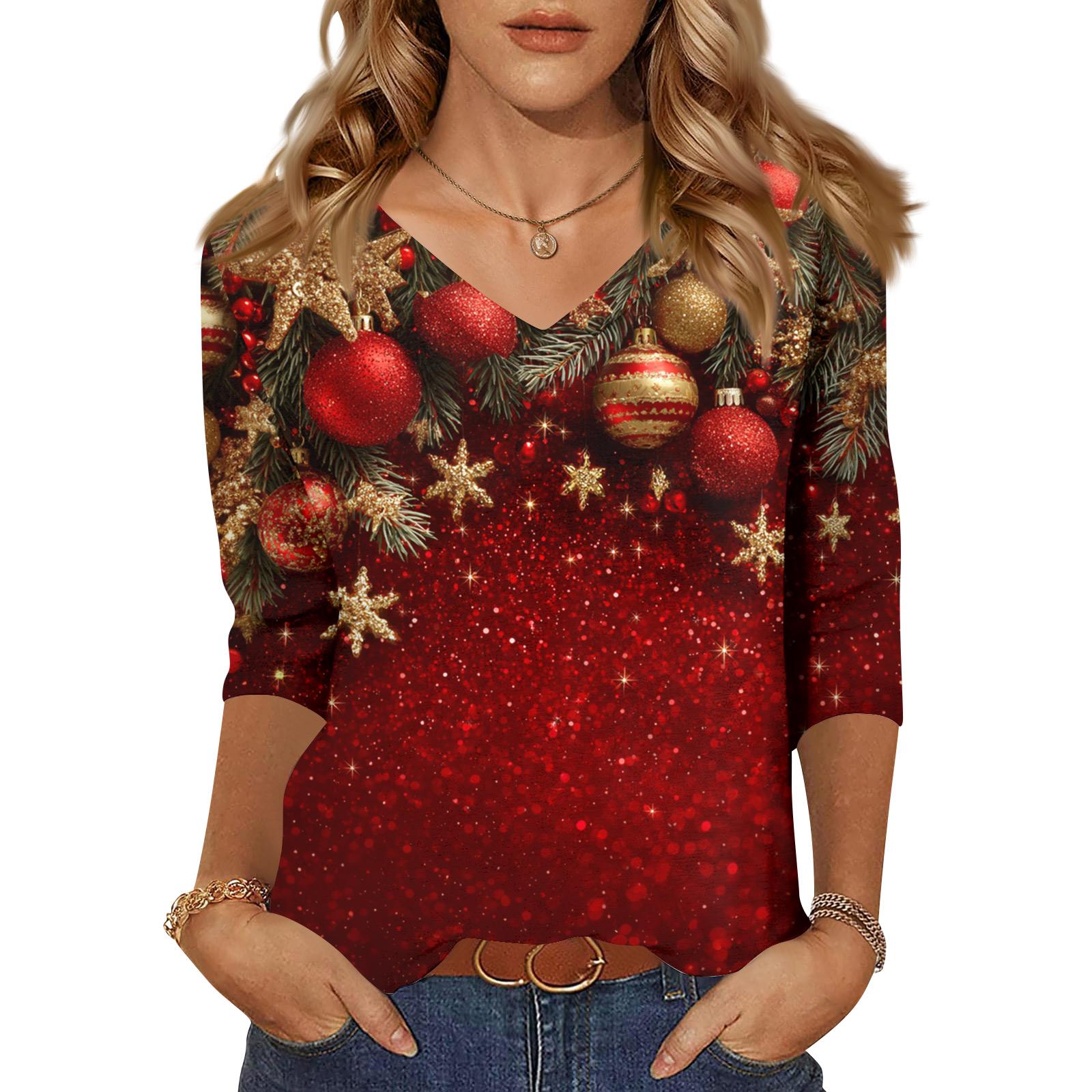 

Женские топы Рубашка с рукавом три четверти V-образный вырез Свободная повседневная рубашка Футболка с принтом XXXL