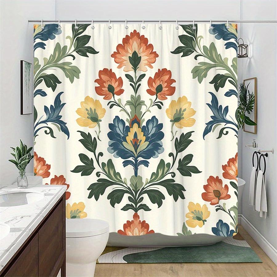 1 X Vintage Floral Shower Curtain - Symmetrical Large Style Orange, Yellow, Blue Flowers, Polyester Material, Machine Washable