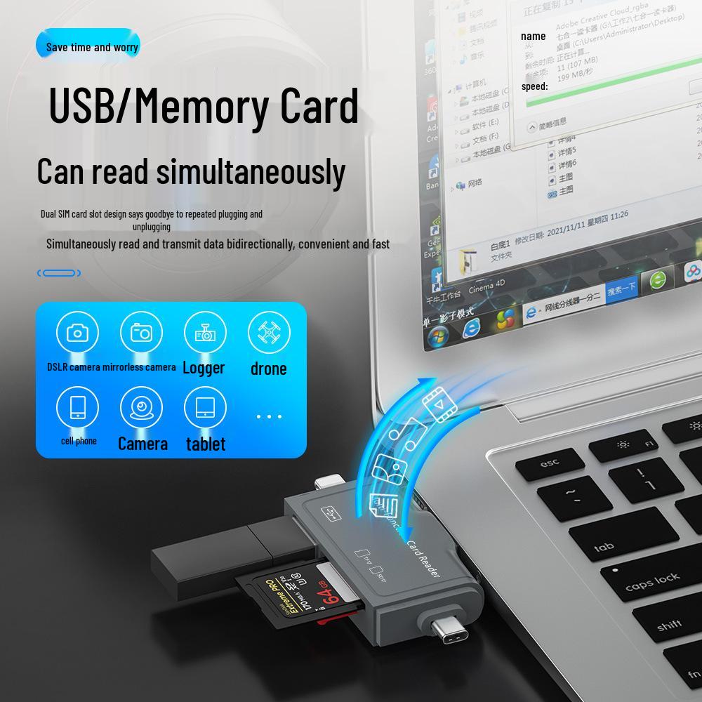 Multi-Function 7-in-1 OTG Card Reader for USB, Type-C, Android, and Computers