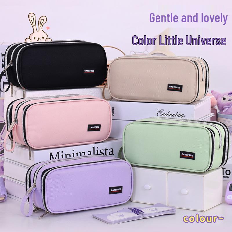 Large Capacity Three-Layer Pencil Case with Color Blocking - Multi-functional Stationery Box for Students