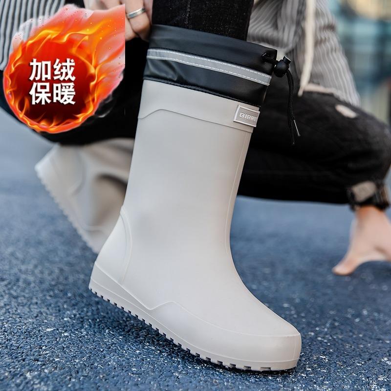 High-grade Medium Tube Flat-soled Rain Shoes Men's Water Shoes Waterproof Elastic Bundle Fixed Cotton Lint Rain Boots Waterproof Rubber Shoes
