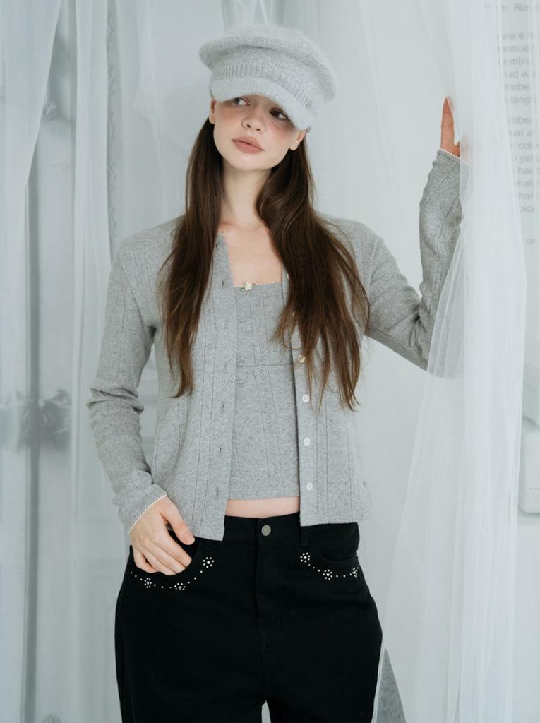 HHIPS Eyelet Sleeveless Cardigan Set (Gray)