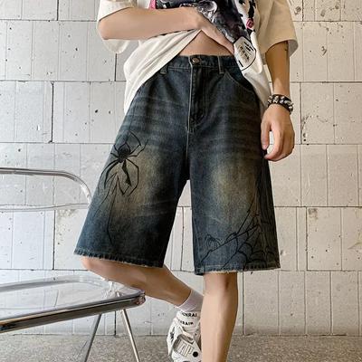 Y2K Sokak Giyimi Diz Altı Pantolon Örümcek Ağı Kore Harajuku Denim Hip Hop Şort Grunge Bermuda Kot Şort Erkek Giyim