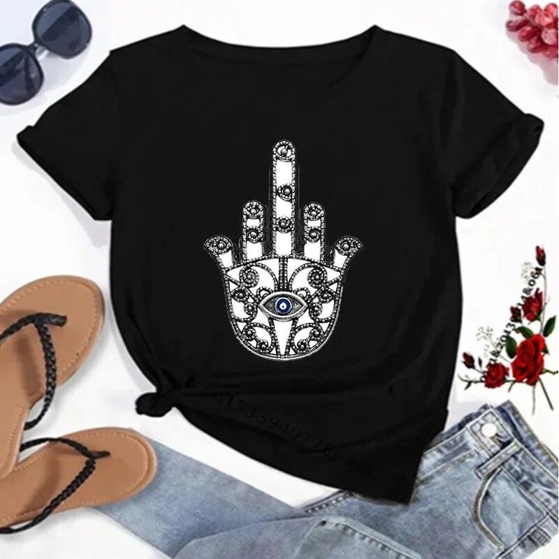 Hamasa Hand of Fatima Tryck WoUnisex T-shirts Lyckobringande Hamsa Hand Harajuku Unisex T-shirts Sommar Kort Ärm Svart Topp T-shirts FeUnisex Unisex