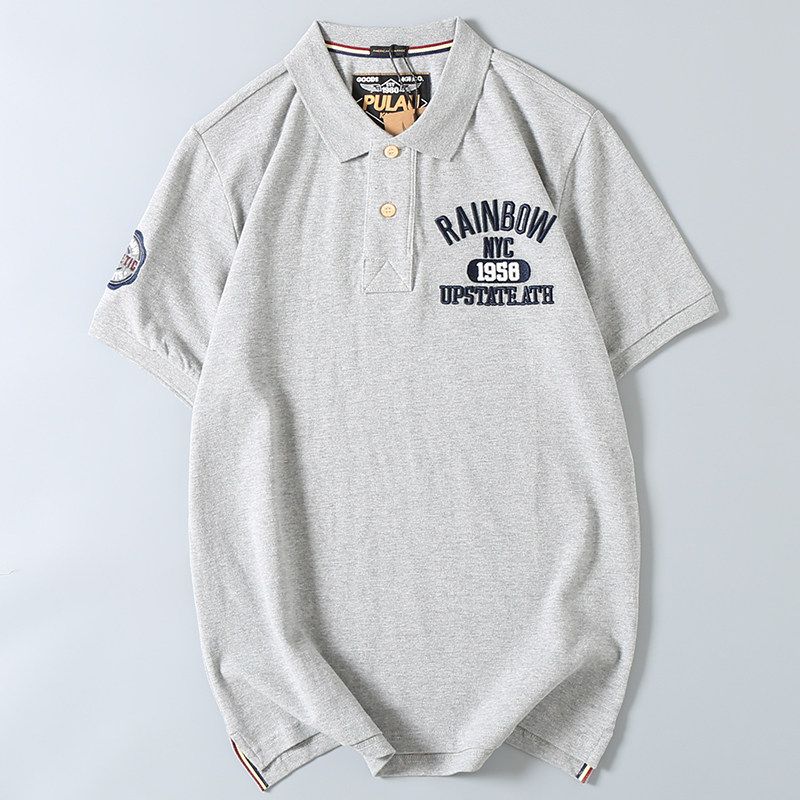 Export Tail Goods Heavy Industry Water-Washing Embroidery Pearl Cotton Lapel Polo Shirt Men's Youth Loose Casual Short Sleeve T-shirt Summer