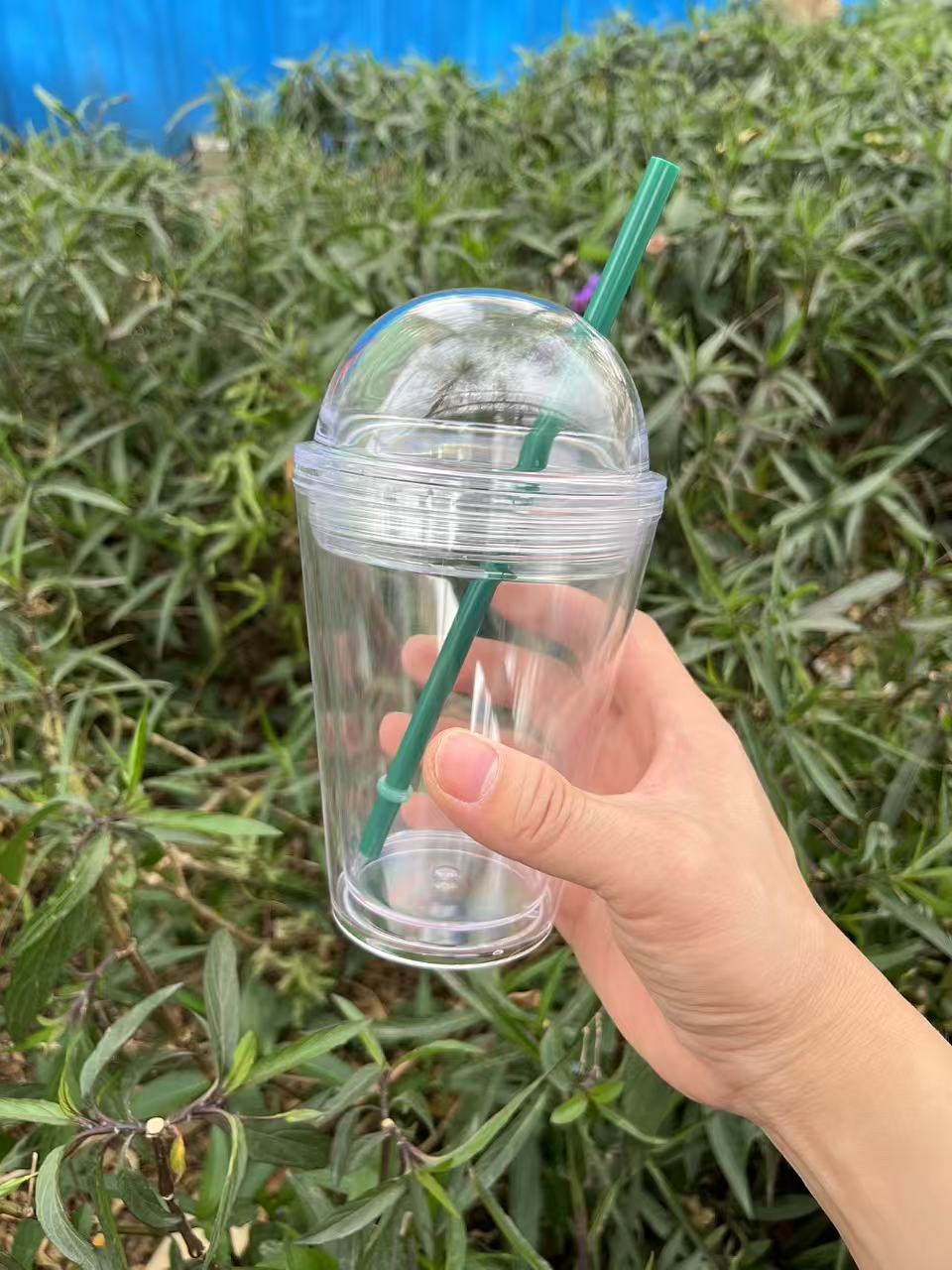 double wall 350ml 12oz plastic cup cold cup with dome lid and straw 301-400ml
