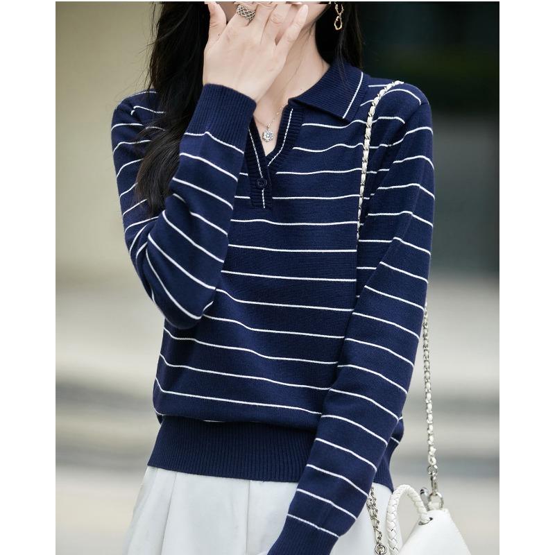 French Style Striped POLO Collar Long-sleeved Sweater for Women Lapel Sweater 2025 New Style Top