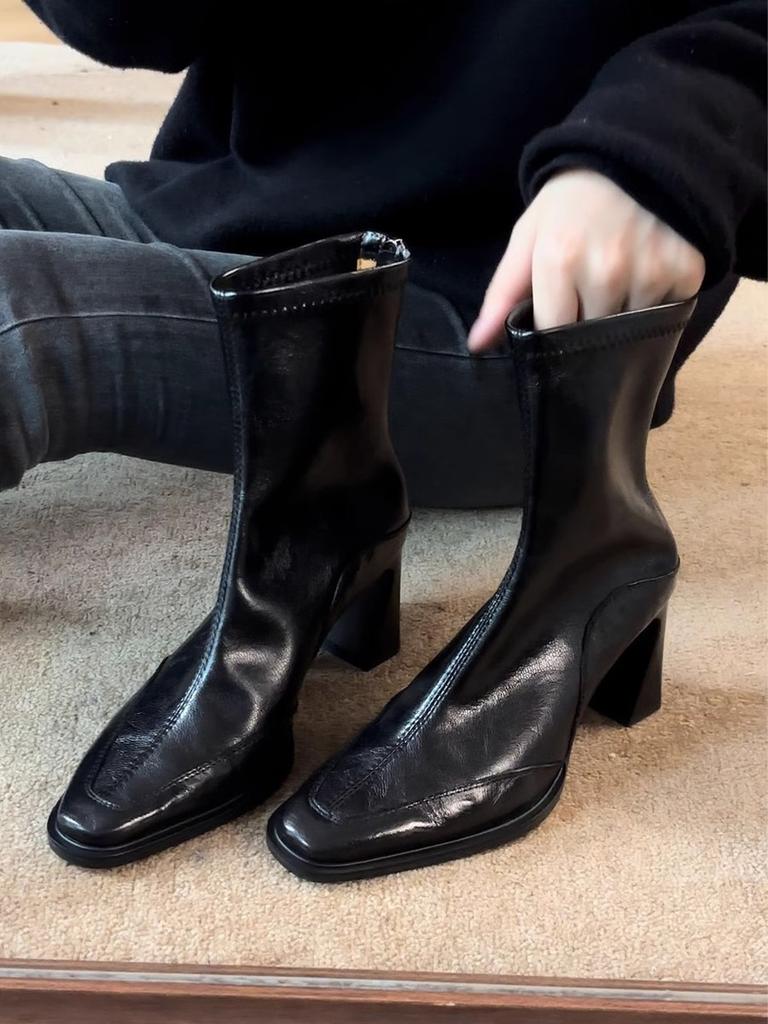 Cowhide Short Boots 2026 Autumn/Winter Square Head Thick Heel Elastic Boots Elegant Versatile Short Boots
