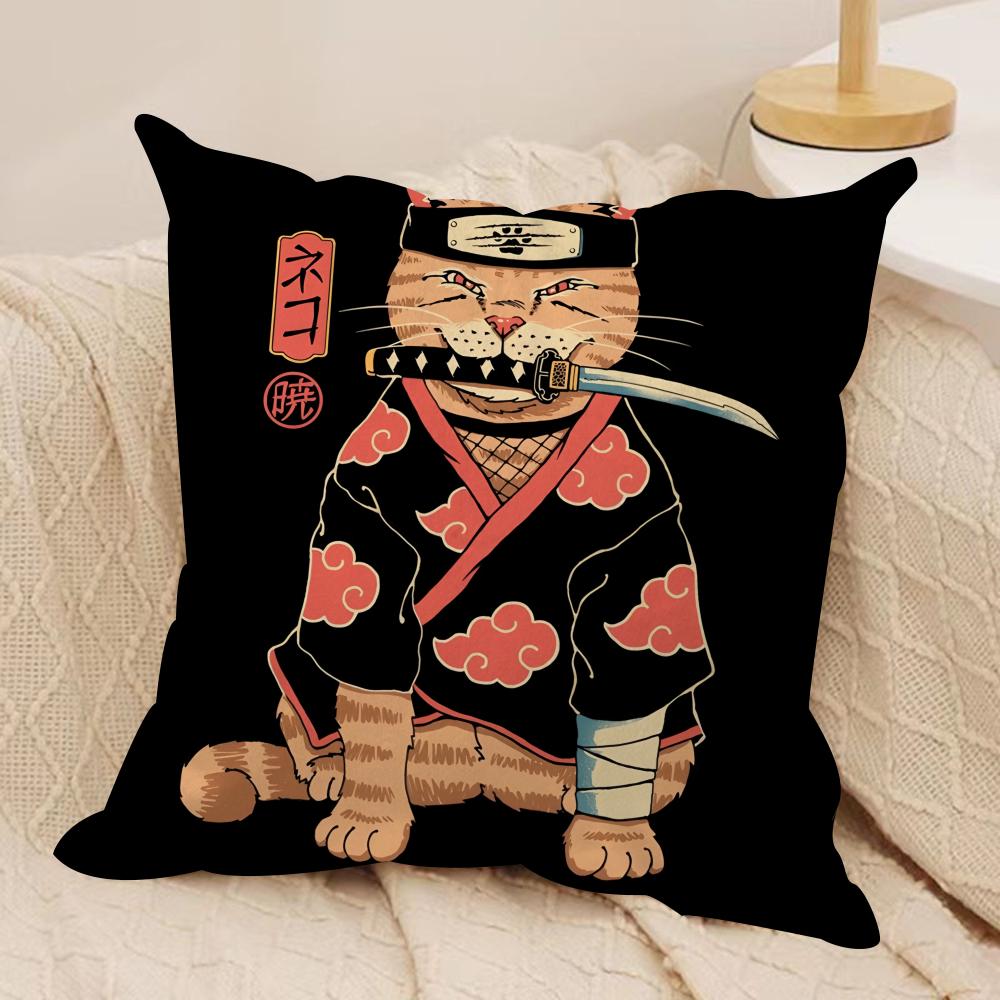 Japanese Style Samurai Cat Cushion Cover Silky Short Plush Invisible Zipper Dustproof Sofa Pillow Case for Home Decor