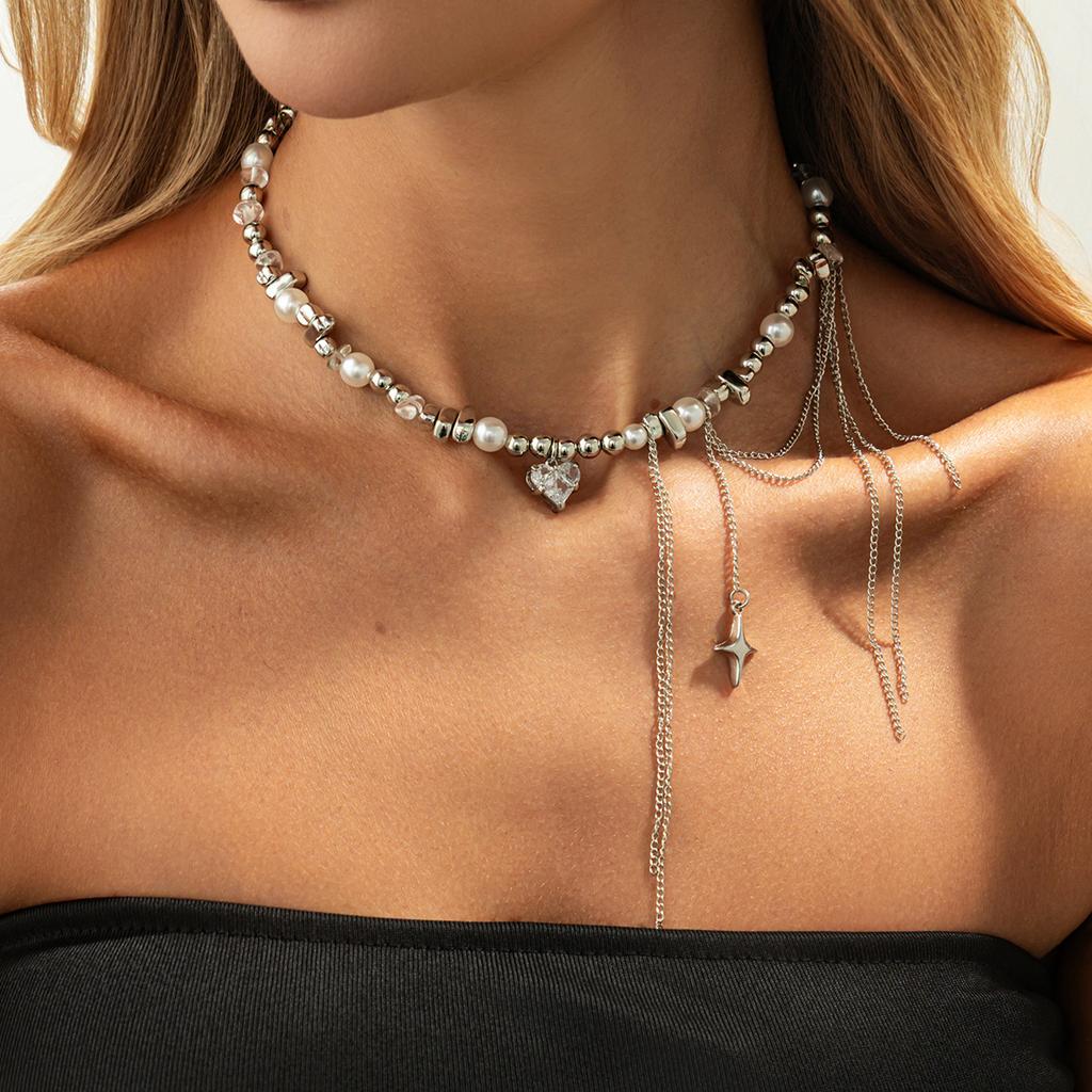 Shining Star Love Pendant Collarbone Chain Choker Light Luxury Imitation Pearl Chain Fringed Necklace