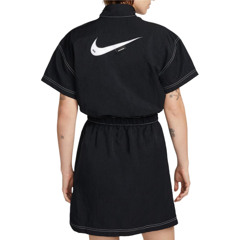 Nike Solid Color Logo Micro Mark Casual Stand Collar Short Sleeve Dress Women Dresses Black DM6197-010