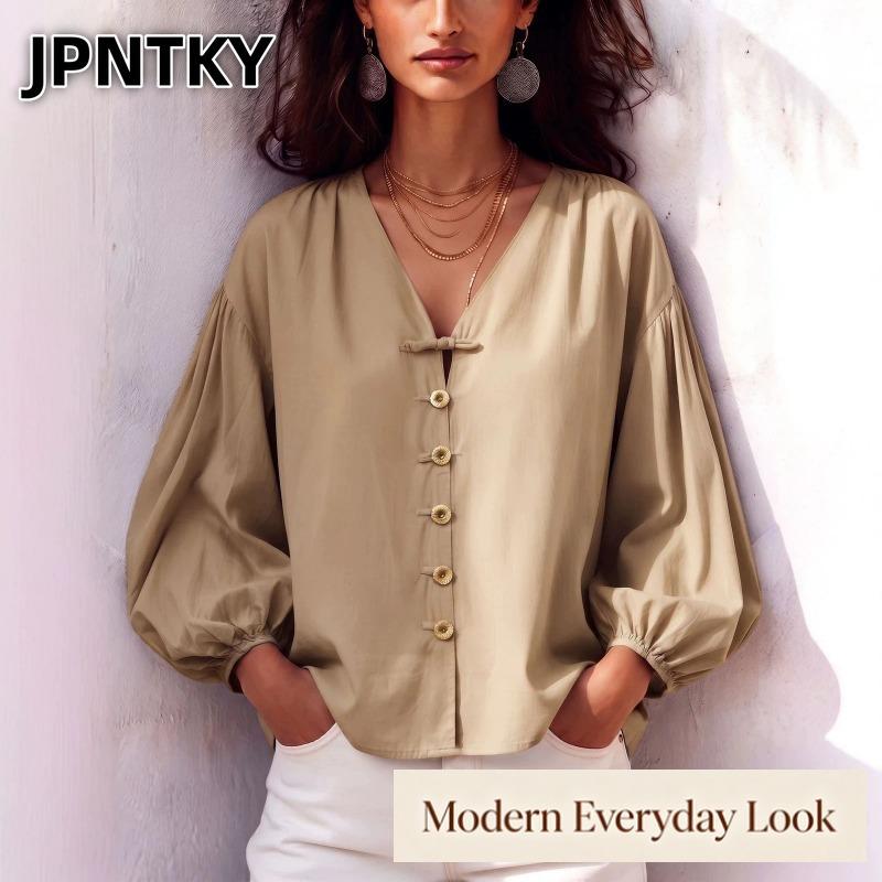 JPNTKY Women's Fashion Casual V-Neck Long Sleeve Blouses & Shirts