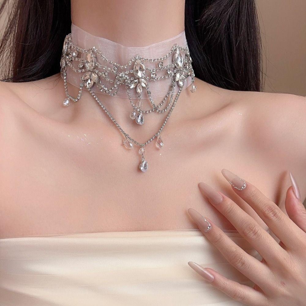 Chiffon Choker Necklace Rhinestone Teardrop Pendant Gifts Collar Necklace Party Outfit