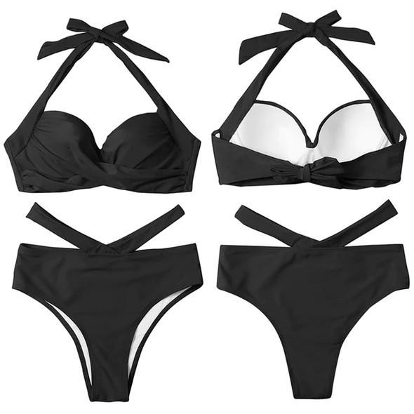 Women's Sexy Split Body Swimsuit Solid Color Printed Bow High Waisted Two-piece Swimsuit