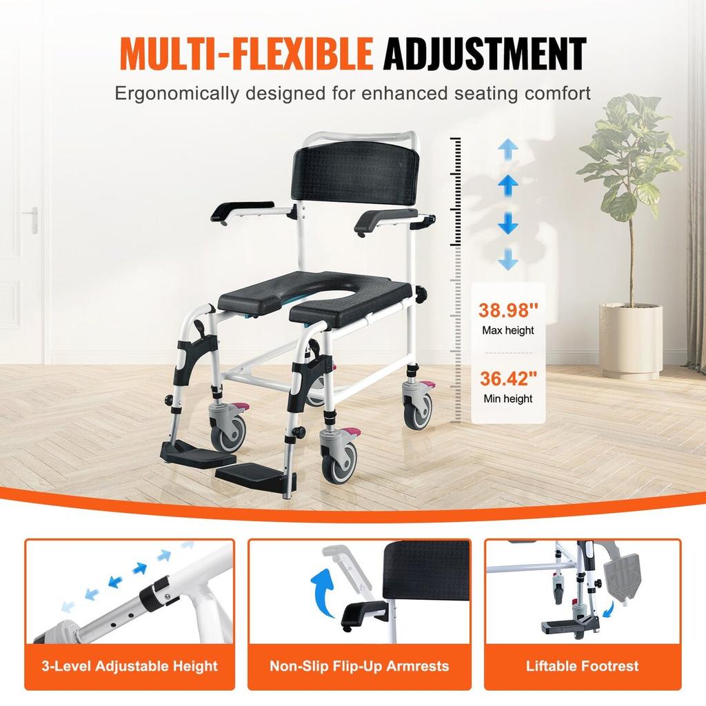 Shower Commode Wheelchair with 4 Lockable Wheels, Footrests, Flip-up Arms, 3-Level Adjustable Height, 5L Removable Bucket, 350 LBS Capacity, Commode