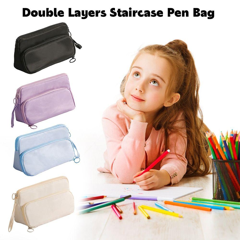 Multifunctional Staircase Type Pen Bag Double Layers Large Capacity Stationery Bag Pencil Case Students