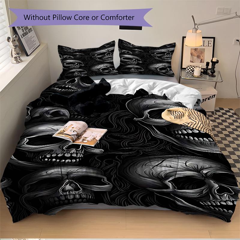 3pcs Skull Patterned Pillowcase Set - Includes One Quilt Cover and Two Pillowcases (No Core) - Home Decor, Festival Gift, Polyester Fabric, Anime Cart