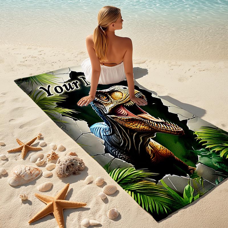 1PC Custom Name Dinosaur Adventure Beach Towel Highly Absorbent And Sand-Resistant Towel for Swimming, Pool, Yoga, And Travel Lightweight