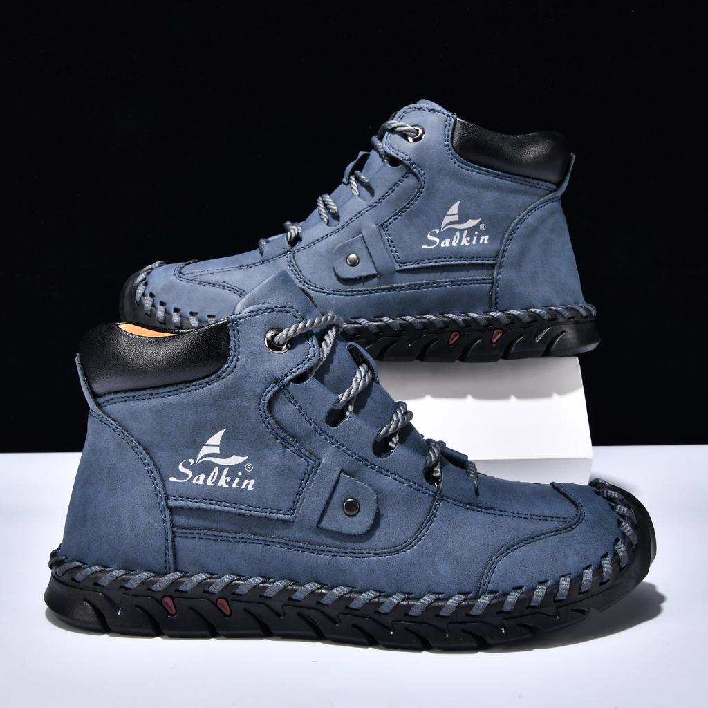 Handgenähte Lederschuhe Outdoor Herrenstiefel Herbst Retro Atmungsaktive Freizeitschuhe Rutschfeste Schnürung Knöchel Arbeitsstiefel Winter