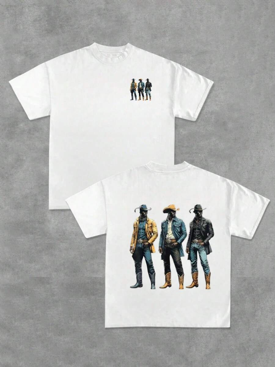 

Mens Casual Crew Neck Short Sleeve T Shirt 1Pcs 100 Percent Cotton Double Sided Digital Print Cowboy 5XL різнокольоровий