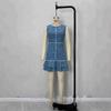European and American Fashion Cross-border Women's Denim Dress, Sleeveless Design Blue and White Printed Element Denim Blue Dress