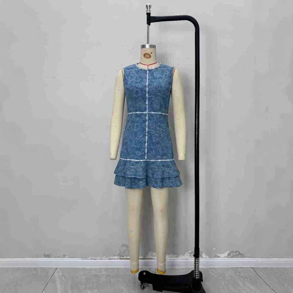 European and American Fashion Cross-border Women's Denim Dress, Sleeveless Design Blue and White Printed Element Denim Blue Dress