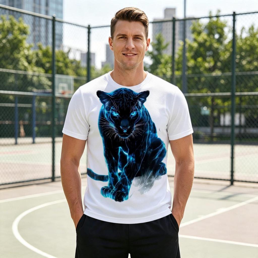 Neon Blue Panther 3D All Over Print Men's Crew Neck T-Shirt