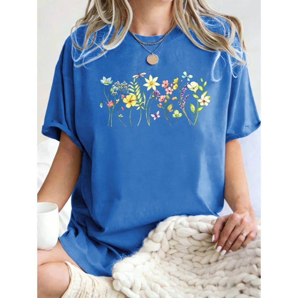 Flowers Attract Dragonflies Design Women T Shirts Hip Hop Crewneck T-Shirt Cotton Summer Clothes Casual Oversize Y2K