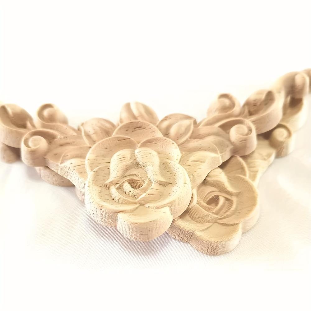 20 Pcs Decorative Wood Rose Flower Carved Appliques Corner Onlay 3.15 X 3.15 Inch DIY Unpainted Wooden Carved Corner Decal for Furniture Decoration