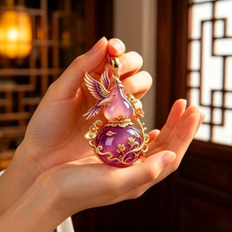 Collier pendentif gourde plaqué or Émail Oiseau Motif floral Bijou délicat pour femme Cadeau d'anniversaire