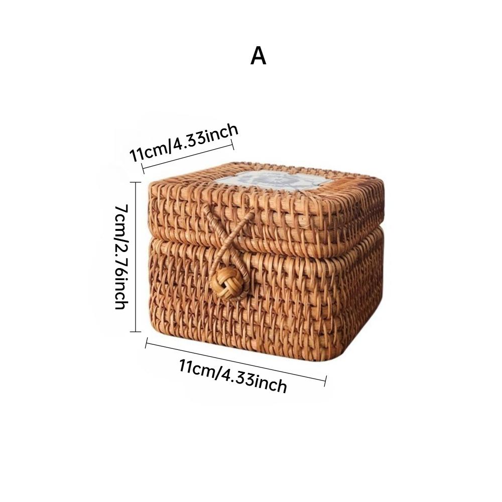 Hand-Woven Rattan Covered Storage Box – Small Tabletop Basket for Picnic Autumn Home Decor Sundries Organizer