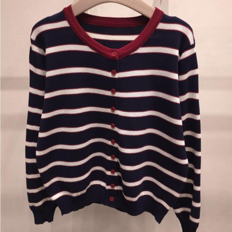 Shop   Women S verSatile Round Neck Striped Knit Cardigan Navy 21dS Wcd260093