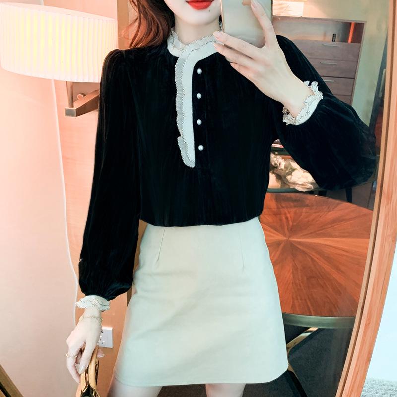 Women's Gold Velvet Lace Top - Stylish Spring/Autumn/Winter 2024