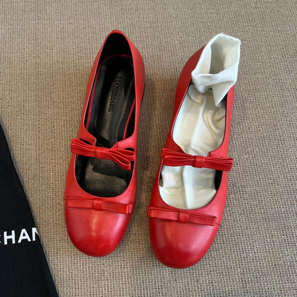 Sheepskin Temperament Double Bow Polished High Heels Retro Light Mouth Versatile Leather Shoes Mary Jane Shoes Women's Single Shoes