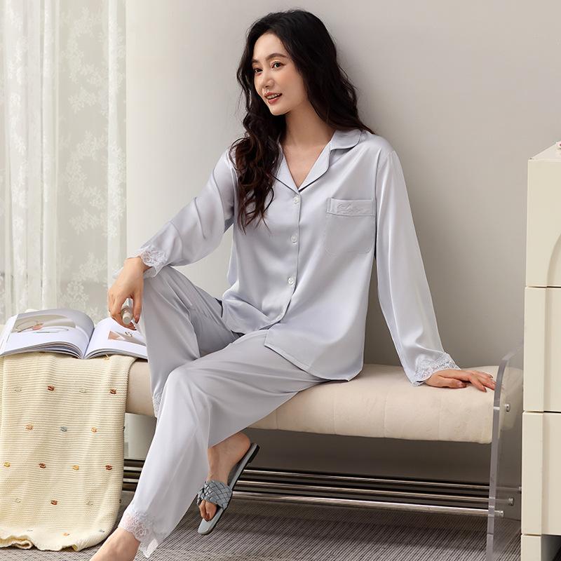 Pajamas Ladies Spring Autumn Summer Simulation Silk Cold Silk Ice Silk Long Sleeve Pants Set Light Luxury Loungewear Loose Edition